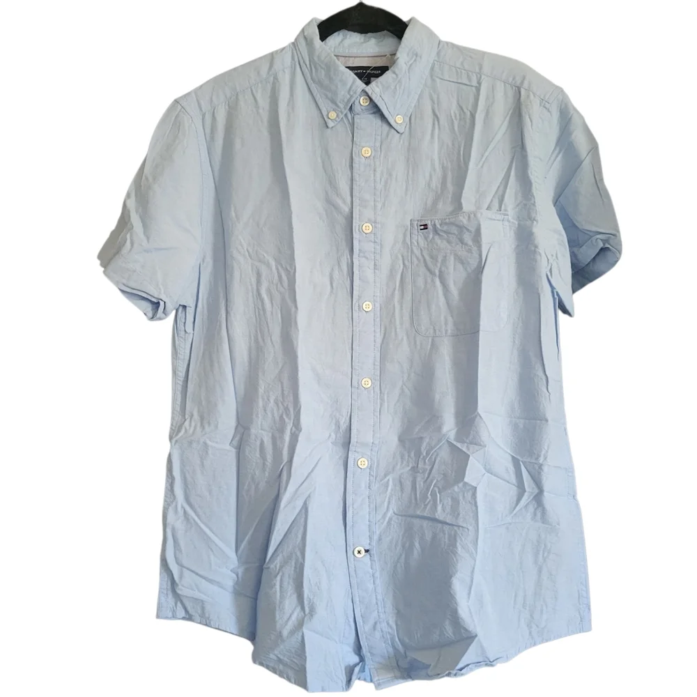 Tommy Hilfiger Button-Down Short Sleeve Shirt Blue sz XL